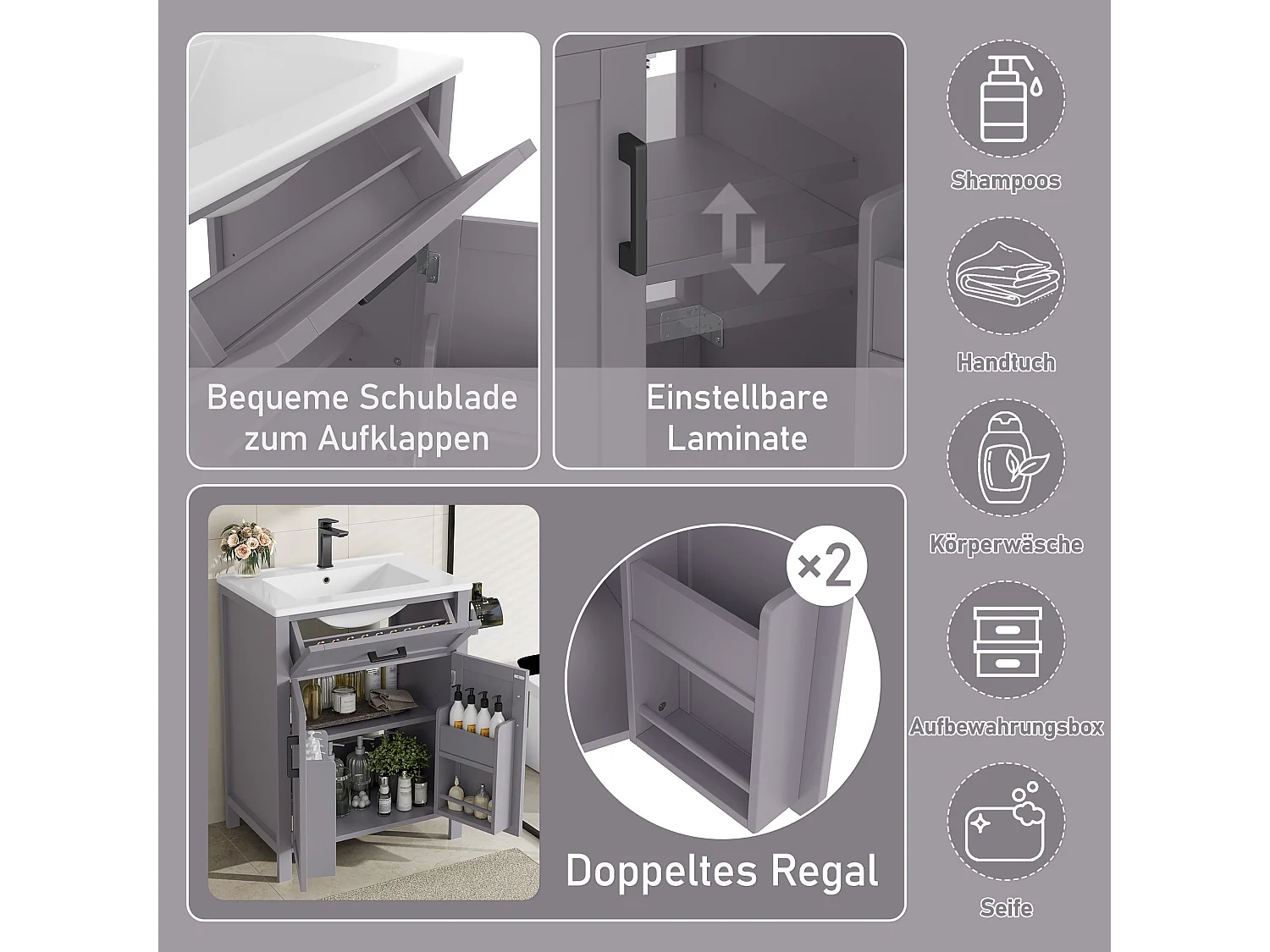 Mueble de baño con lavabo, puerta con estantes, diseño moderno, MDF, gris (60x46x84,8 cm)