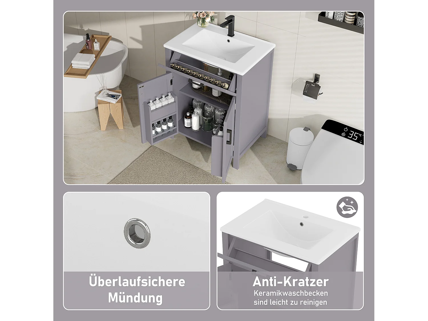 Mueble de baño con lavabo, puerta con estantes, diseño moderno, MDF, gris (60x46x84,8 cm)