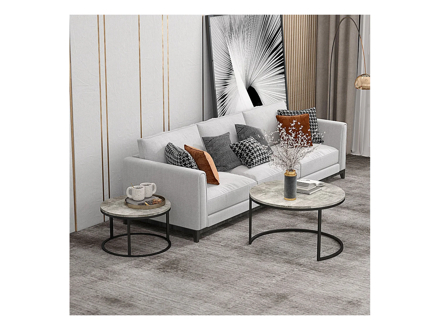 Lot de 2 tables basses rondes empilables, plateau MDF effet béton, structure métal, gris (78.5x78.5x46.5cm)