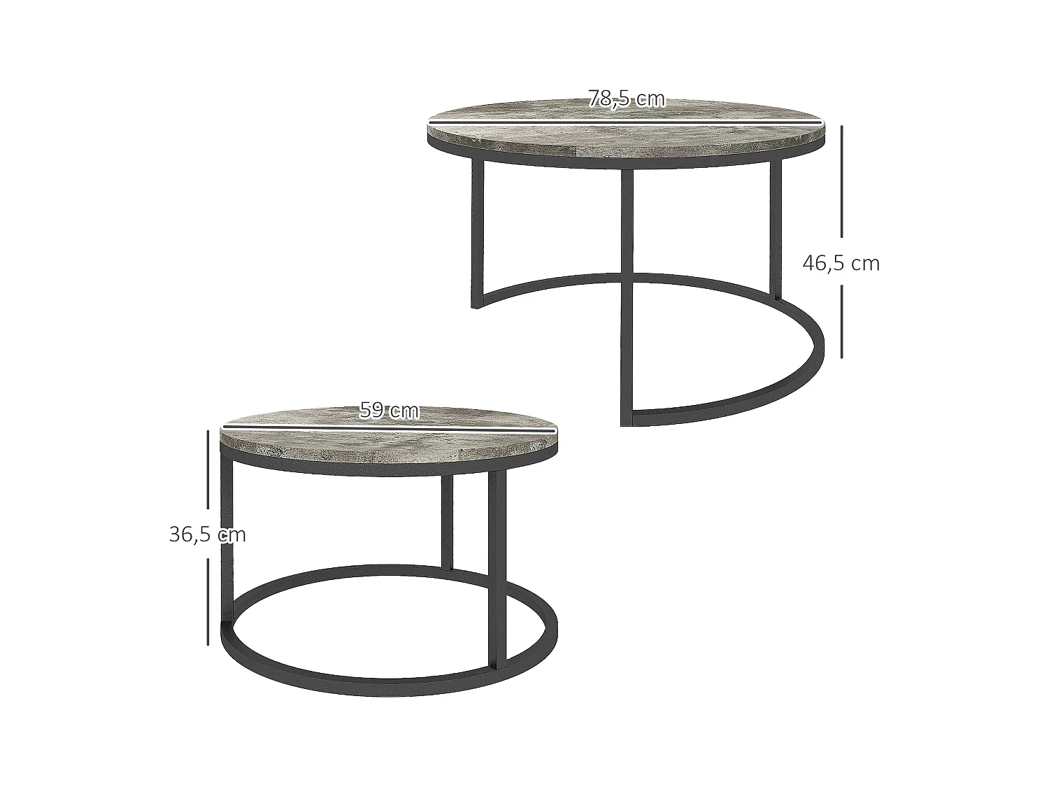 Lot de 2 tables basses rondes empilables, plateau MDF effet béton, structure métal, gris (78.5x78.5x46.5cm)