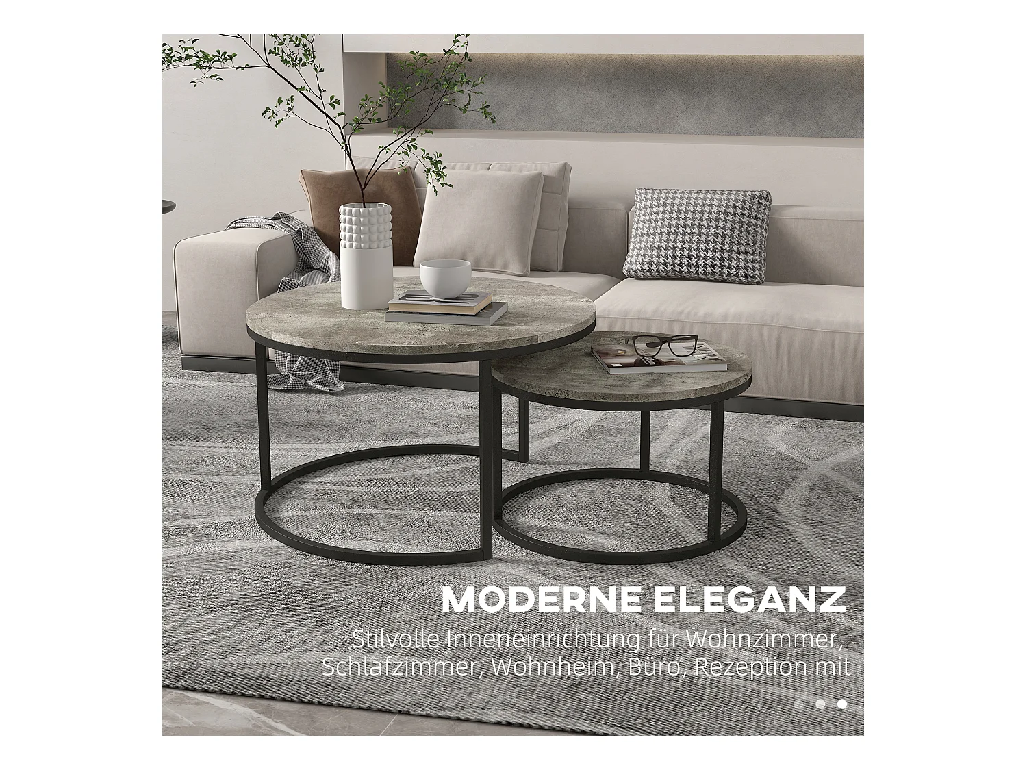 Lot de 2 tables basses rondes empilables, plateau MDF effet béton, structure métal, gris (78.5x78.5x46.5cm)