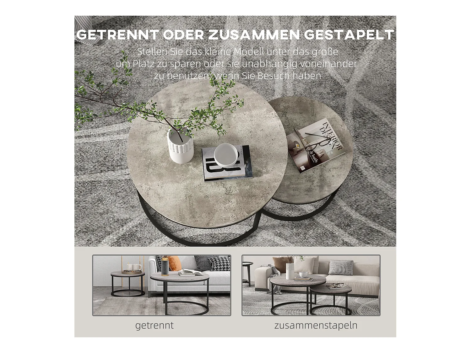 Lot de 2 tables basses rondes empilables, plateau MDF effet béton, structure métal, gris (78.5x78.5x46.5cm)