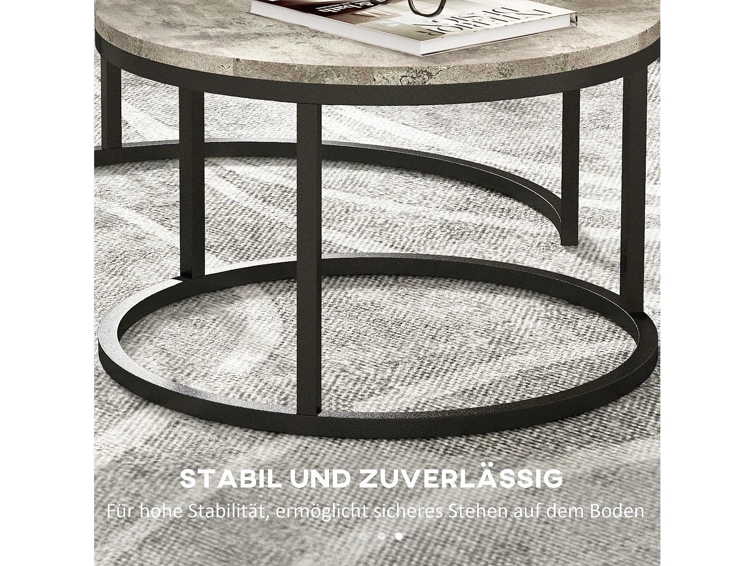 Lot de 2 tables basses rondes empilables, plateau MDF effet béton, structure métal, gris (78.5x78.5x46.5cm)