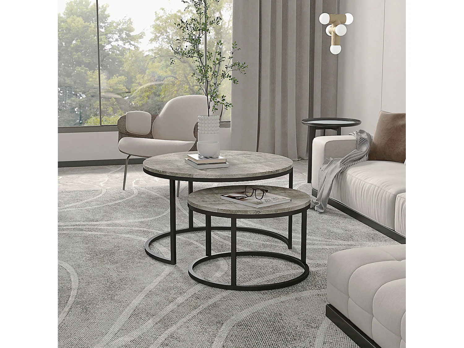 Lot de 2 tables basses rondes empilables, plateau MDF effet béton, structure métal, gris (78.5x78.5x46.5cm)