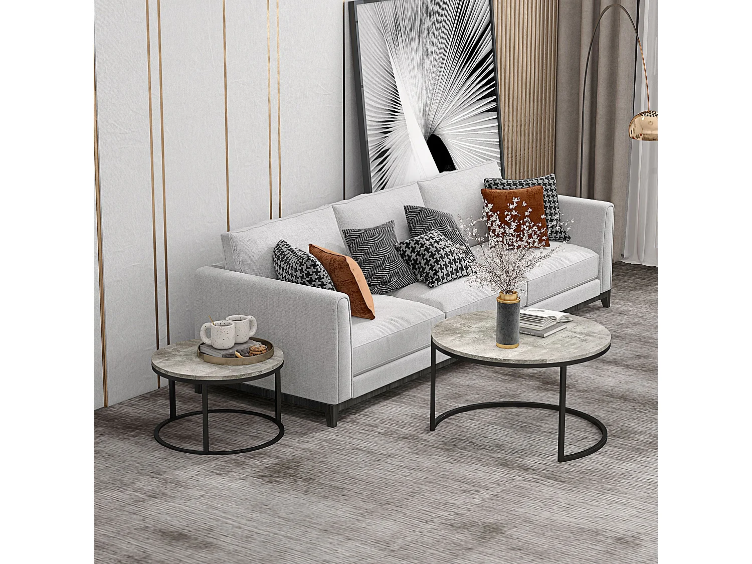 Lot de 2 tables basses rondes empilables, plateau MDF effet béton, structure métal, gris (78.5x78.5x46.5cm)