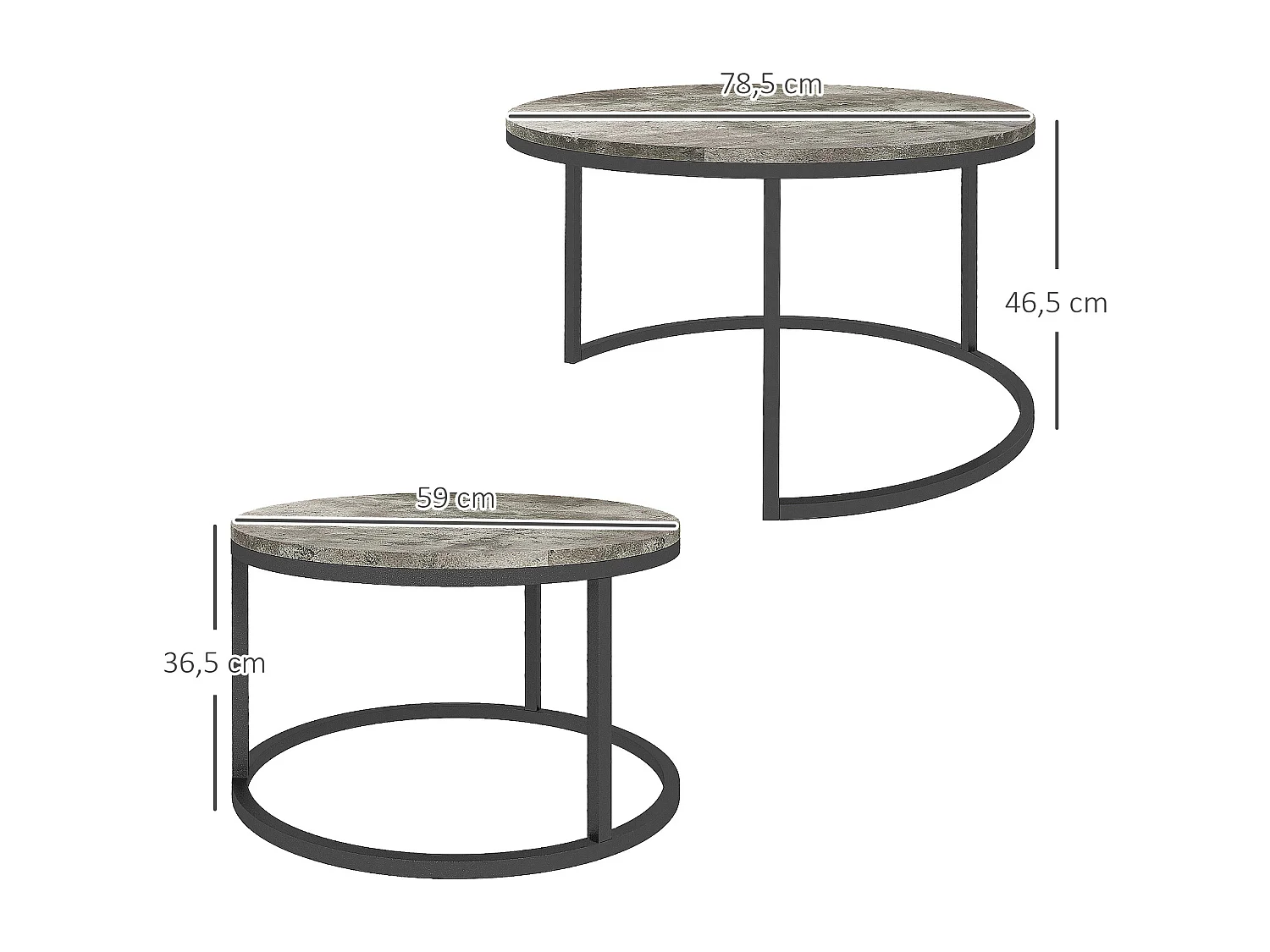 Lot de 2 tables basses rondes empilables, plateau MDF effet béton, structure métal, gris (78.5x78.5x46.5cm)