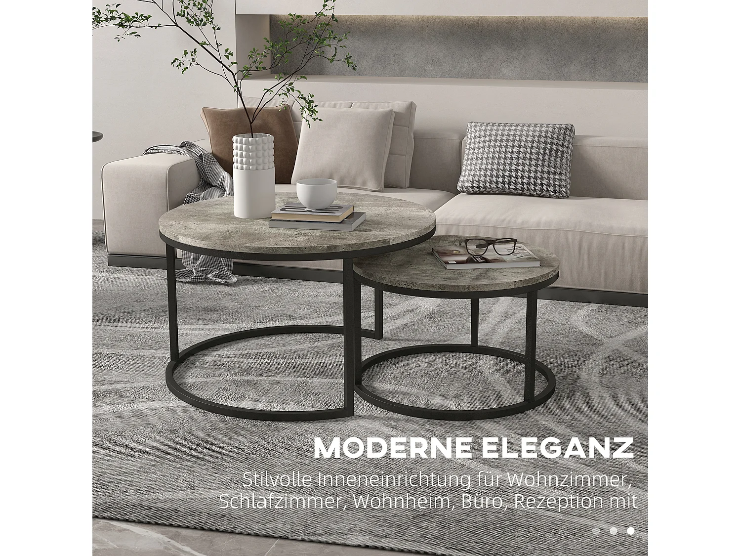 Lot de 2 tables basses rondes empilables, plateau MDF effet béton, structure métal, gris (78.5x78.5x46.5cm)