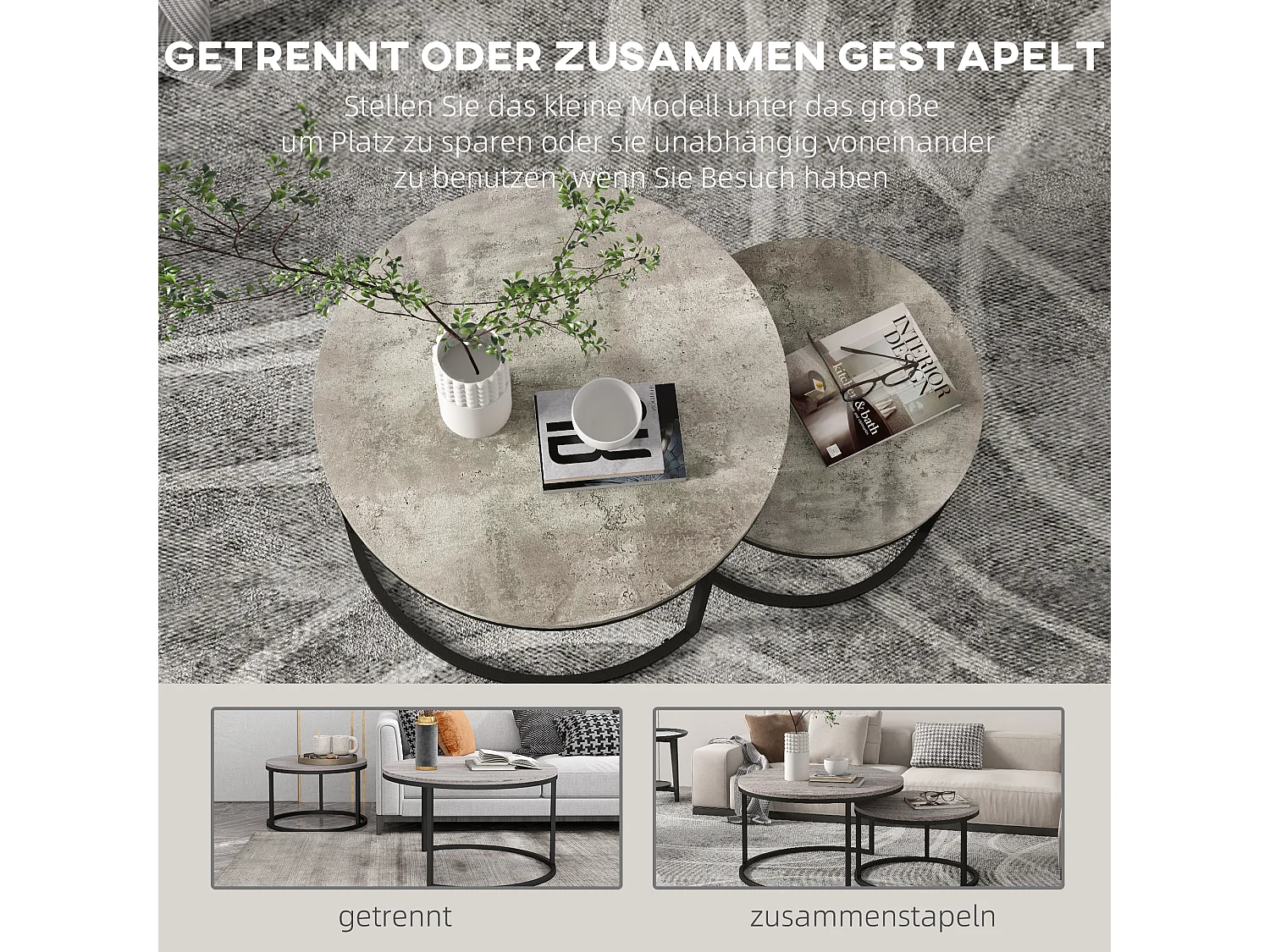 Lot de 2 tables basses rondes empilables, plateau MDF effet béton, structure métal, gris (78.5x78.5x46.5cm)