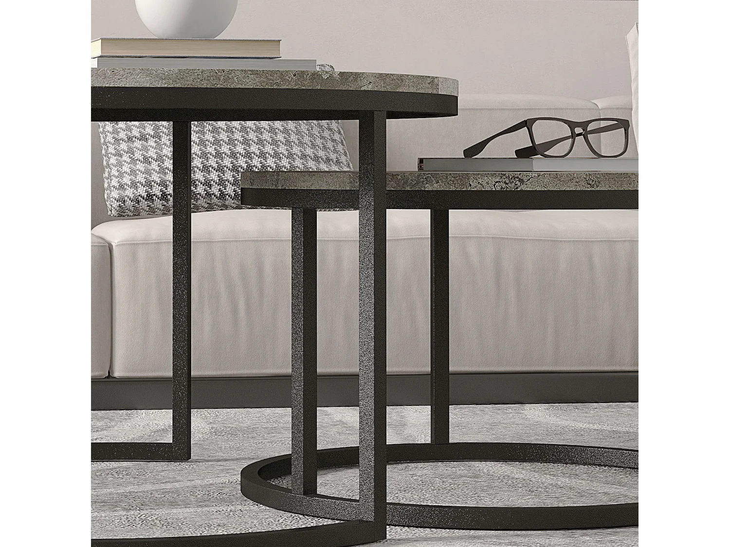 Lot de 2 tables basses rondes empilables, plateau MDF effet béton, structure métal, gris (78.5x78.5x46.5cm)