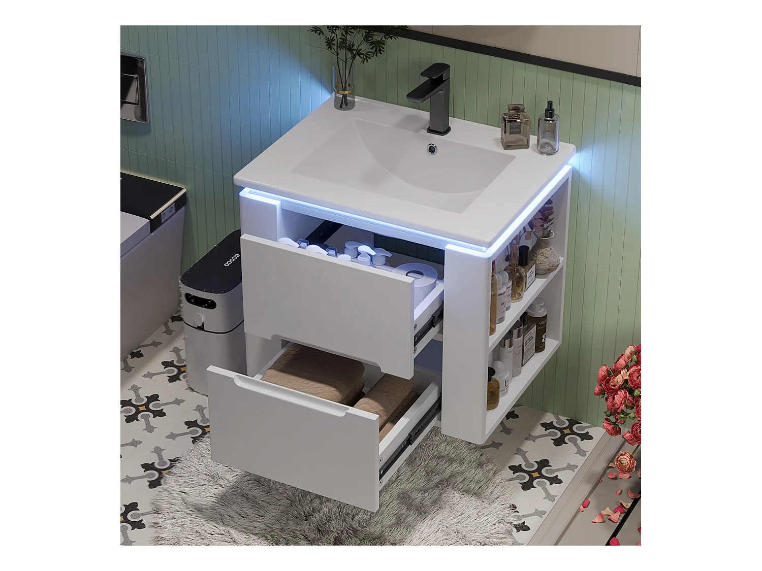 Meuble de salle de bain suspendu, avec lavabo intégré, éclairage LED à capteur radar, MDF laqué, blanc (76x46x48.5 cm)