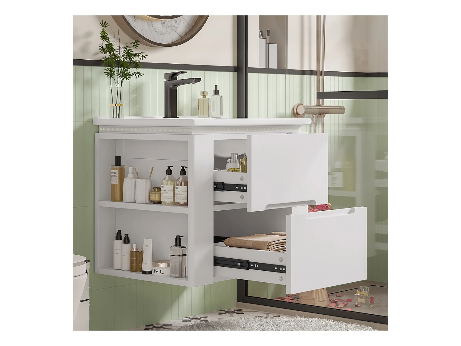 Meuble de salle de bain suspendu, avec lavabo intégré, éclairage LED à capteur radar, MDF laqué, blanc (76x46x48.5 cm)