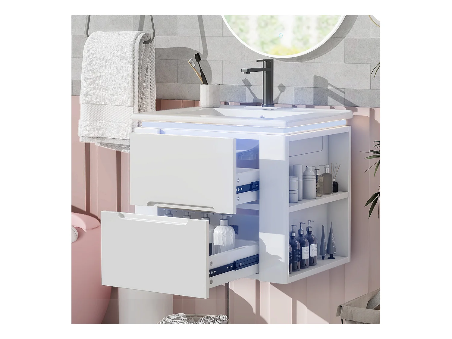 Meuble de salle de bain suspendu, avec lavabo intégré, éclairage LED à capteur radar, MDF laqué, blanc (76x46x48.5 cm)