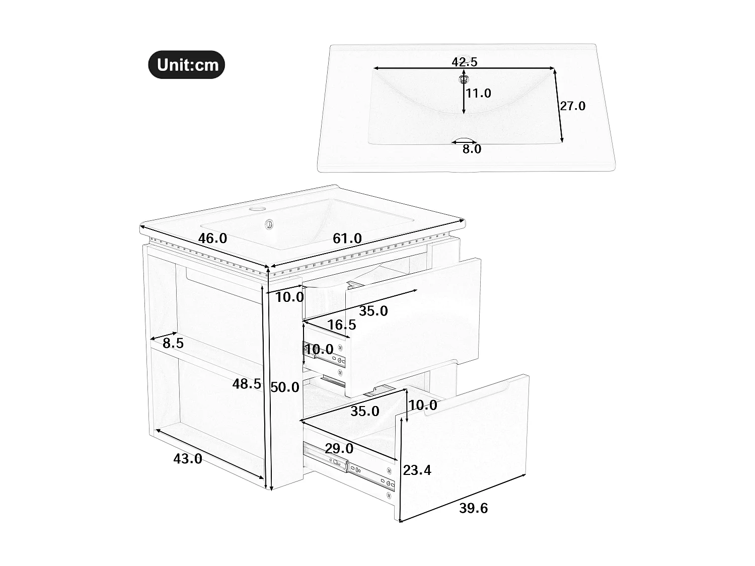 Meuble de salle de bain suspendu, avec lavabo intégré, éclairage LED à capteur radar, MDF laqué, blanc (76x46x48.5 cm)