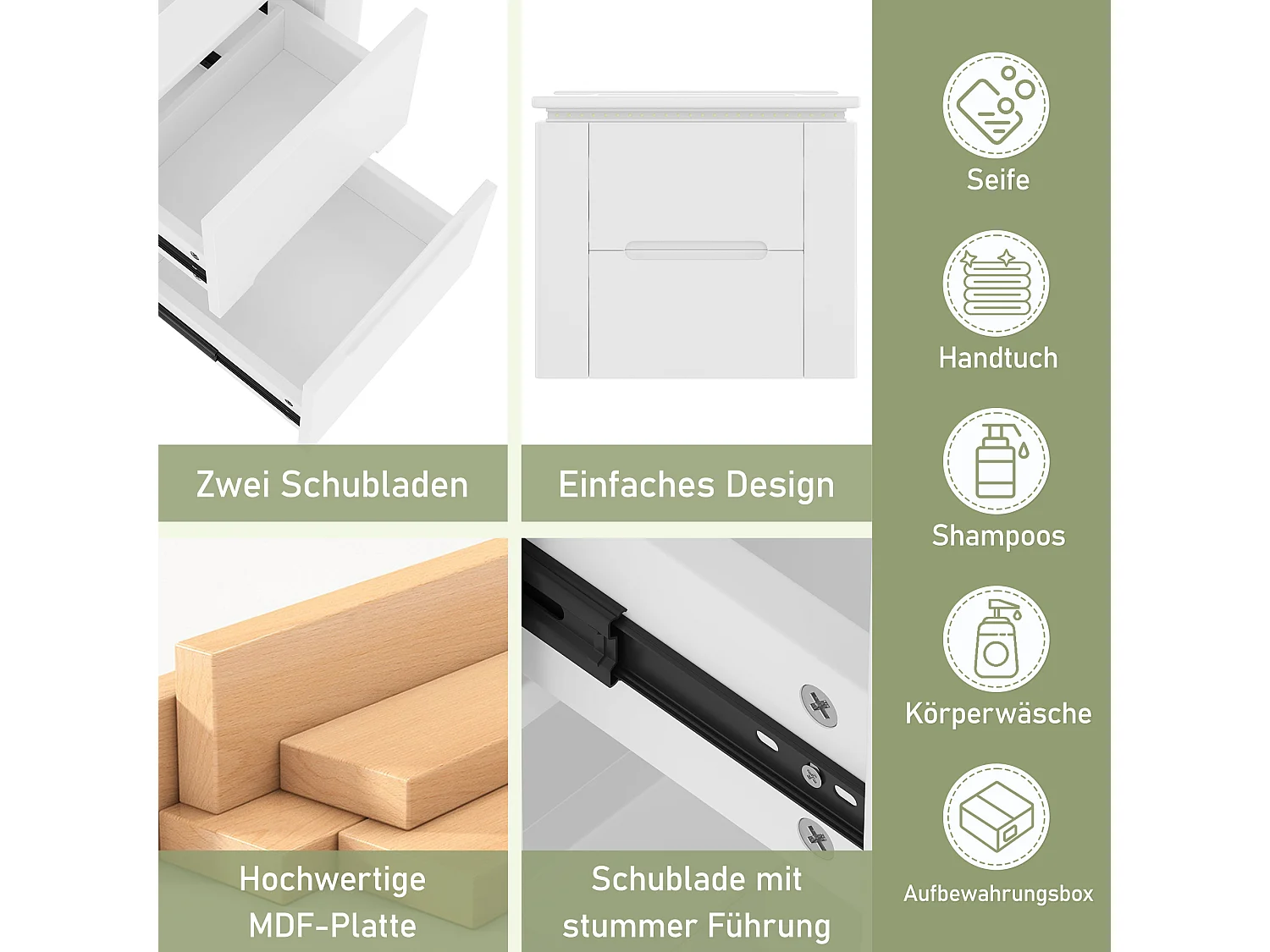 Meuble de salle de bain suspendu, avec lavabo intégré, éclairage LED à capteur radar, MDF laqué, blanc (76x46x48.5 cm)