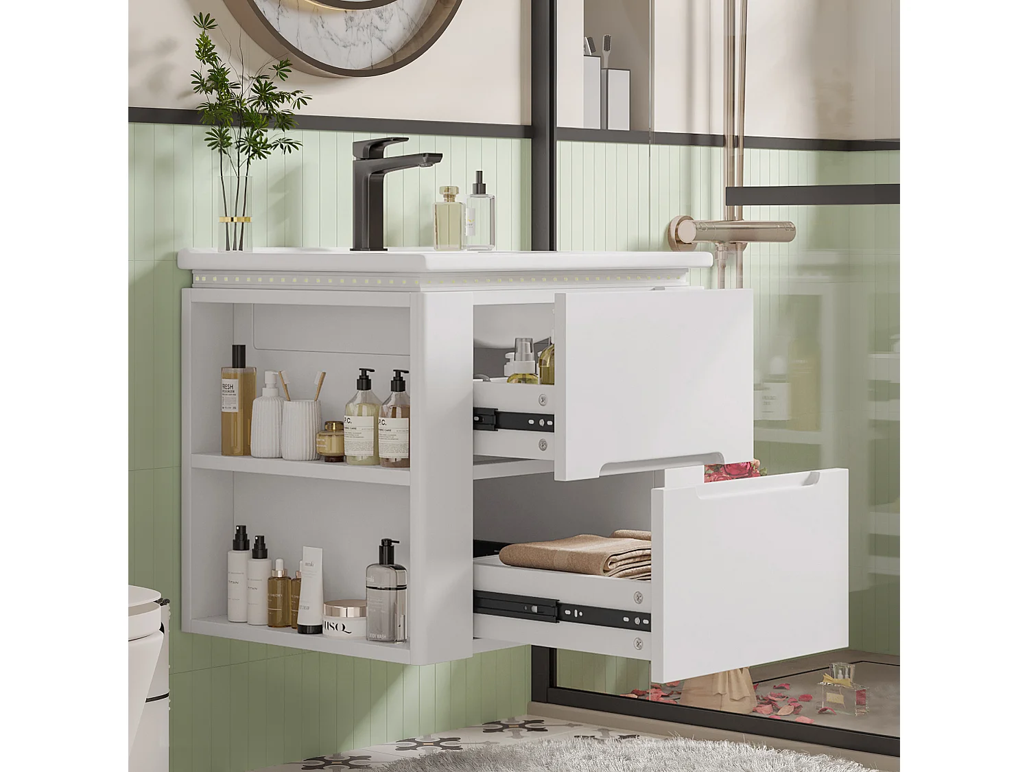 Meuble de salle de bain suspendu, avec lavabo intégré, éclairage LED à capteur radar, MDF laqué, blanc (76x46x48.5 cm)