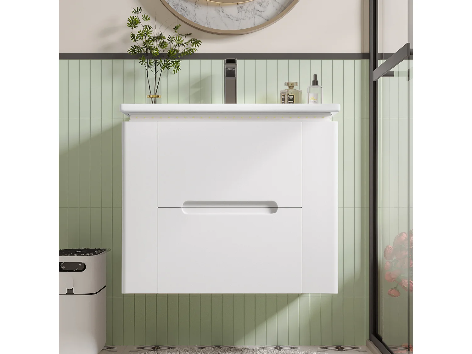 Meuble de salle de bain suspendu, avec lavabo intégré, éclairage LED à capteur radar, MDF laqué, blanc (76x46x48.5 cm)