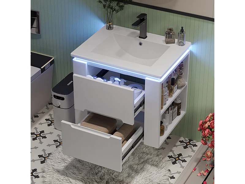 Mueble de baño suspendido con lavabo integrado e iluminación LED con sensor de radar, MDF lacado, blanco (76x46x48,5 cm)