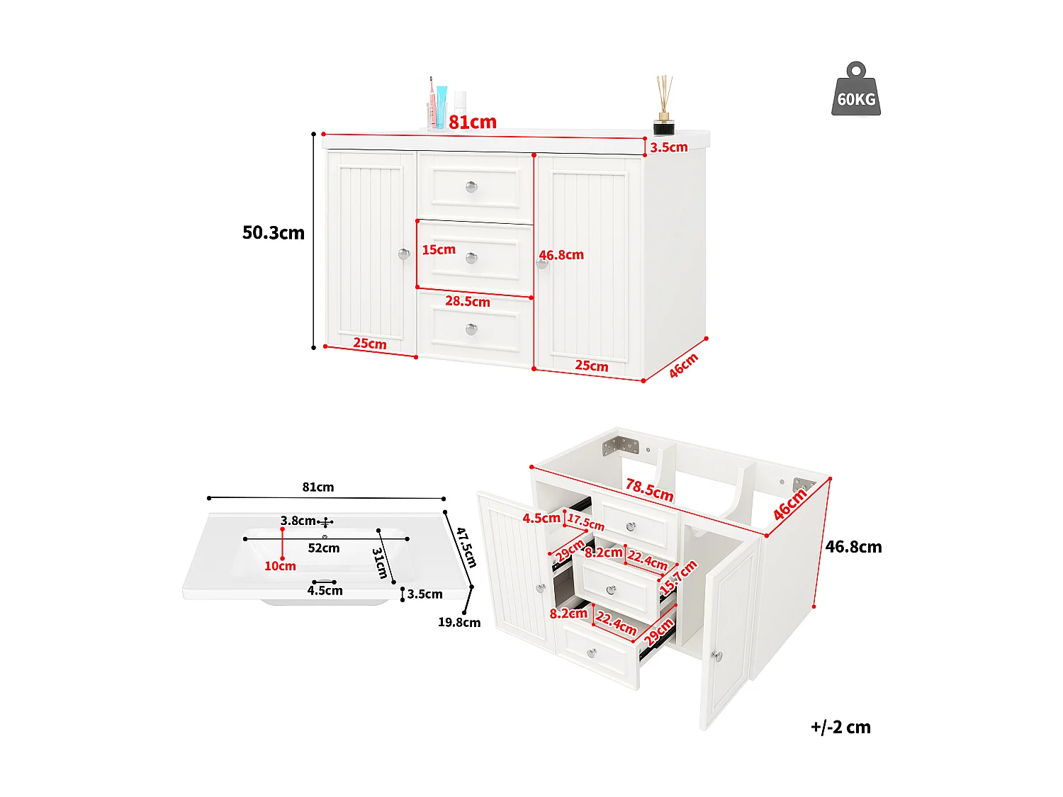 Mueble de lavabo con 3 cajones, blanco, MDF, con lavabo de cerámica (78,5x46x46,8 cm)
