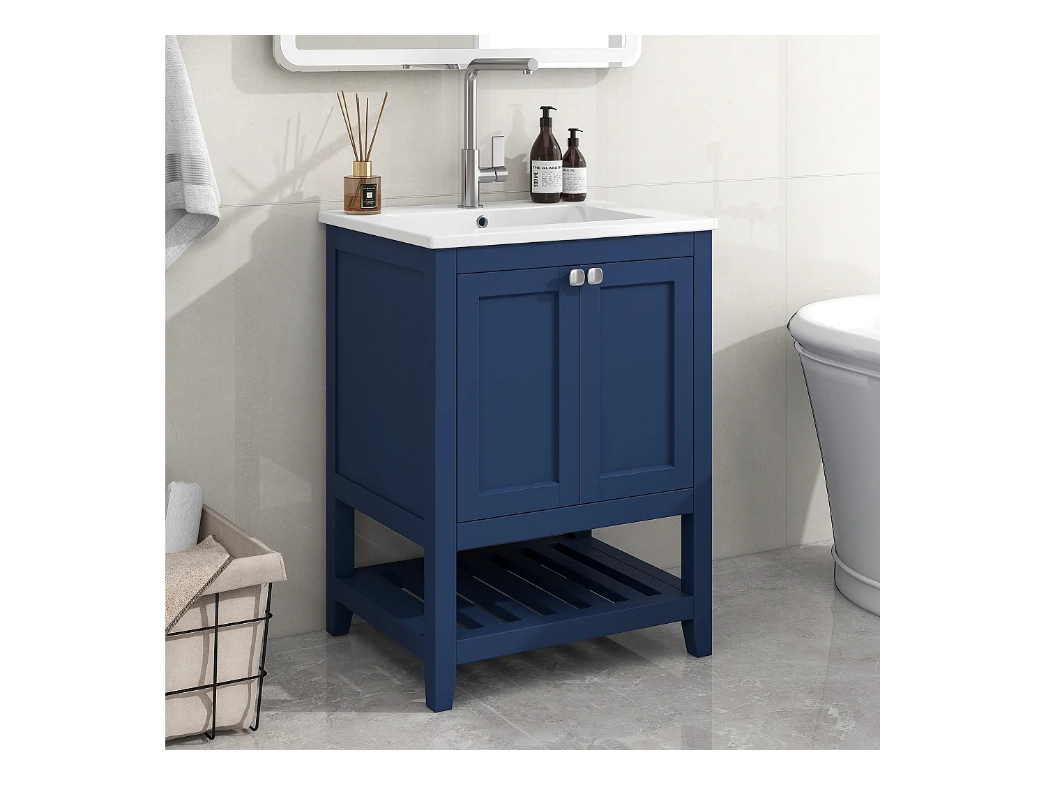 Meuble de salle de bain avec lavabo et sous-vasque, design moderne, bois massif et MDF, bleu (61x46x90 cm)