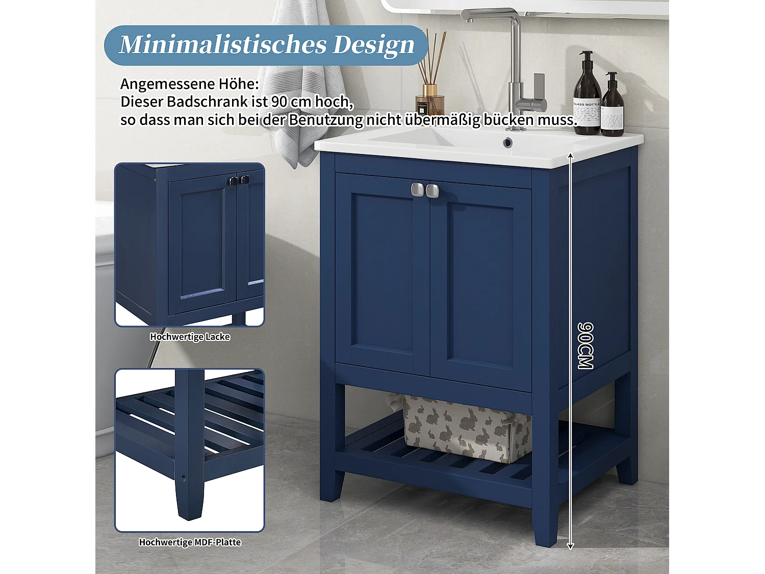 Mueble de baño con lavabo y mueble bajo, diseño moderno, madera maciza y MDF, color azul (61x46x90 cm)