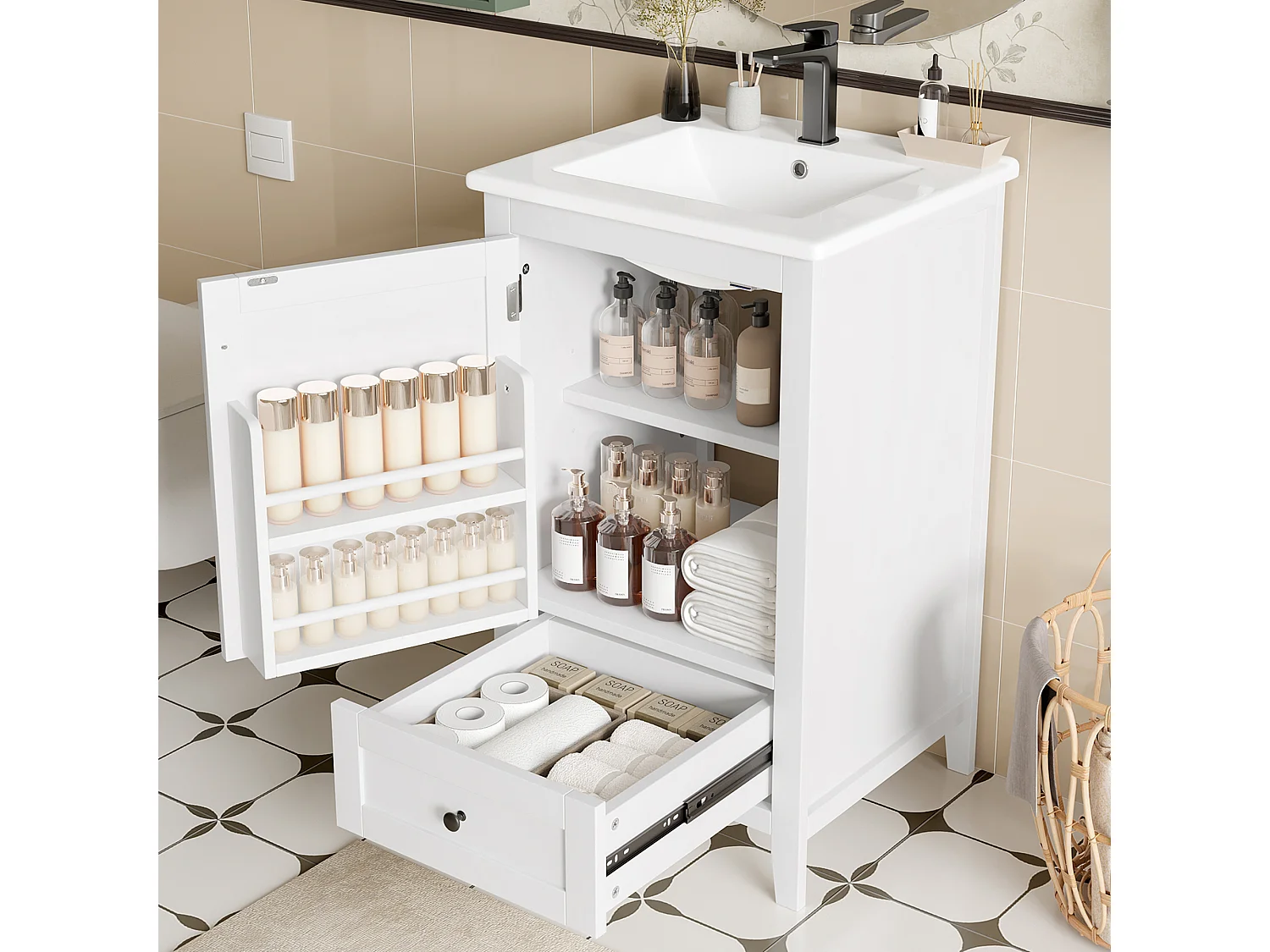 Mueble de baño con lavabo integrado, MDF lacado, cajón silencioso, balda regulable, cerámica, blanco (51x46x85 cm)