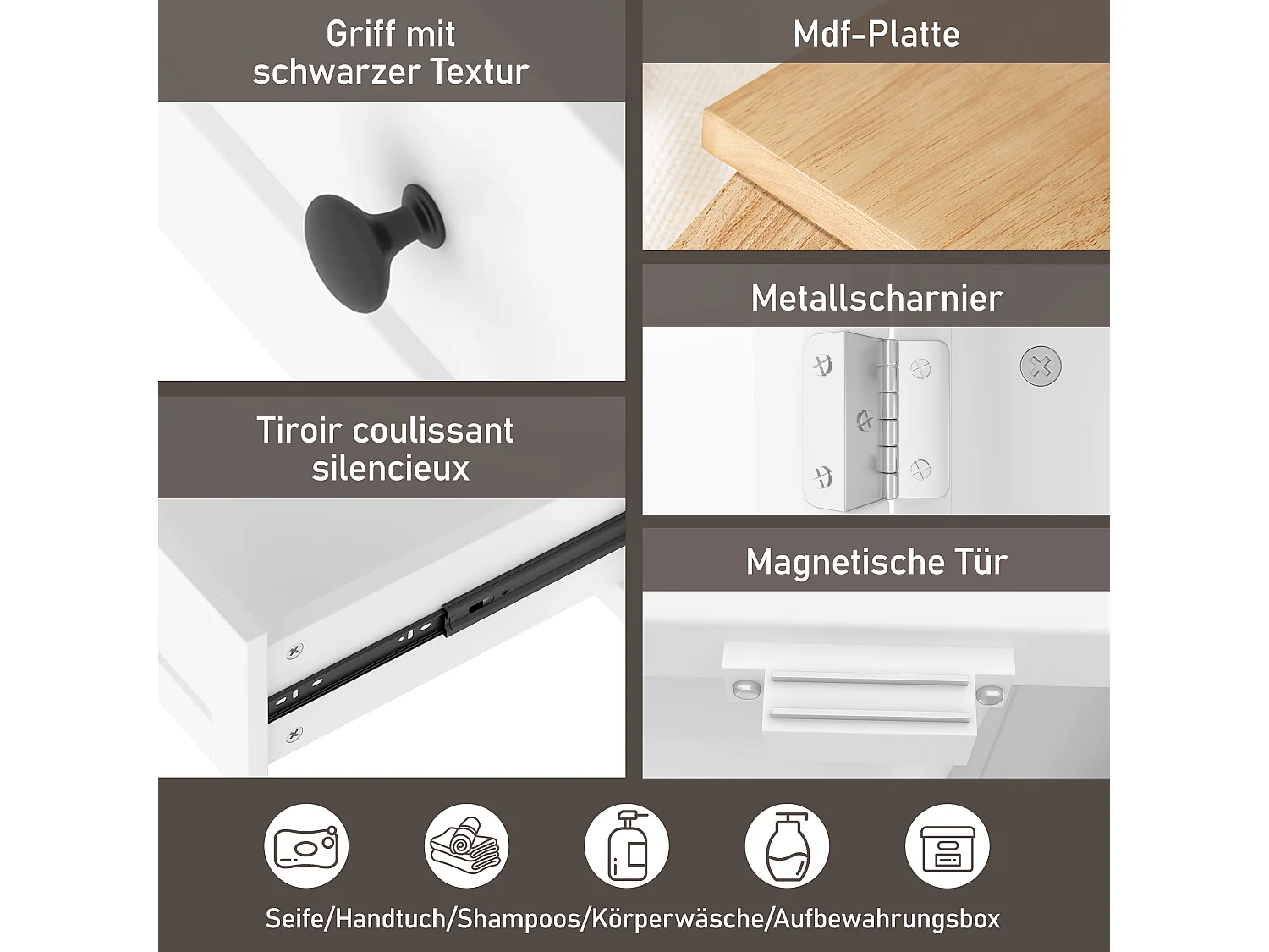 Mueble de baño con lavabo integrado, MDF lacado, cajón silencioso, balda regulable, cerámica, blanco (51x46x85 cm)