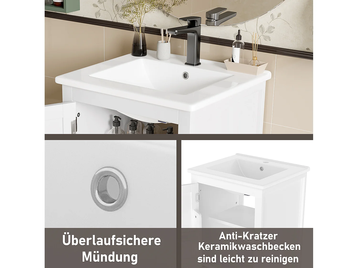 Mueble de baño con lavabo integrado, MDF lacado, cajón silencioso, balda regulable, cerámica, blanco (51x46x85 cm)