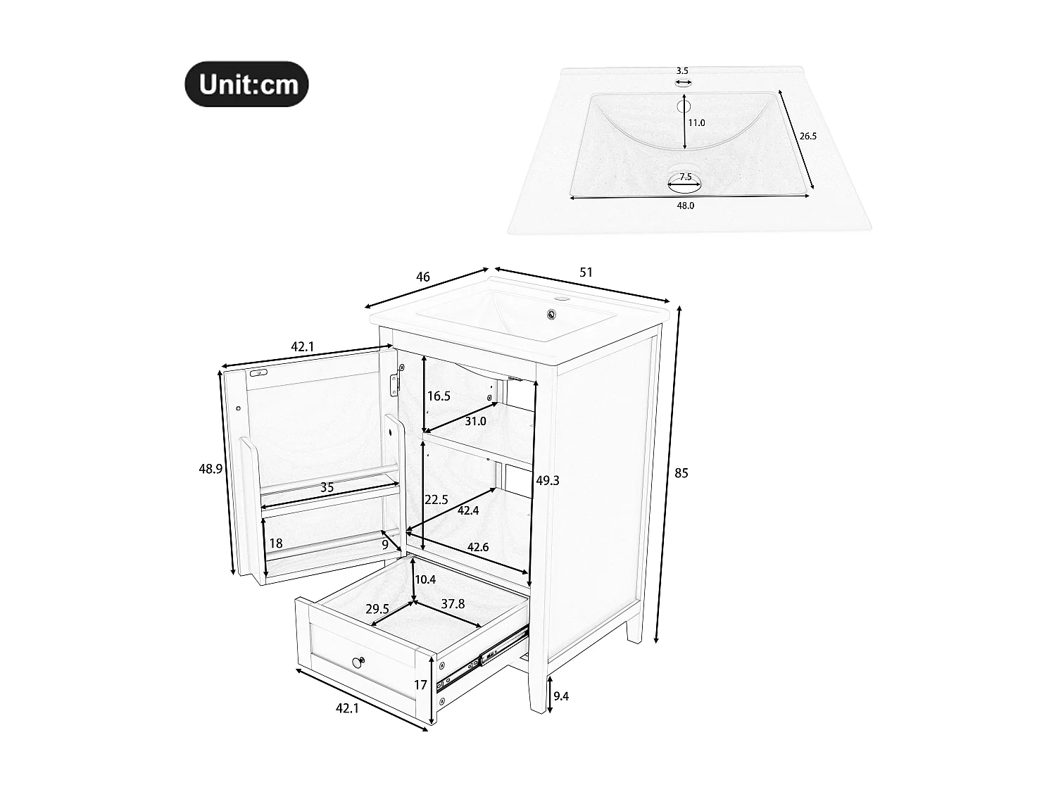 Mueble de baño con lavabo integrado, MDF lacado, cajón silencioso, balda regulable, cerámica, blanco (51x46x85 cm)