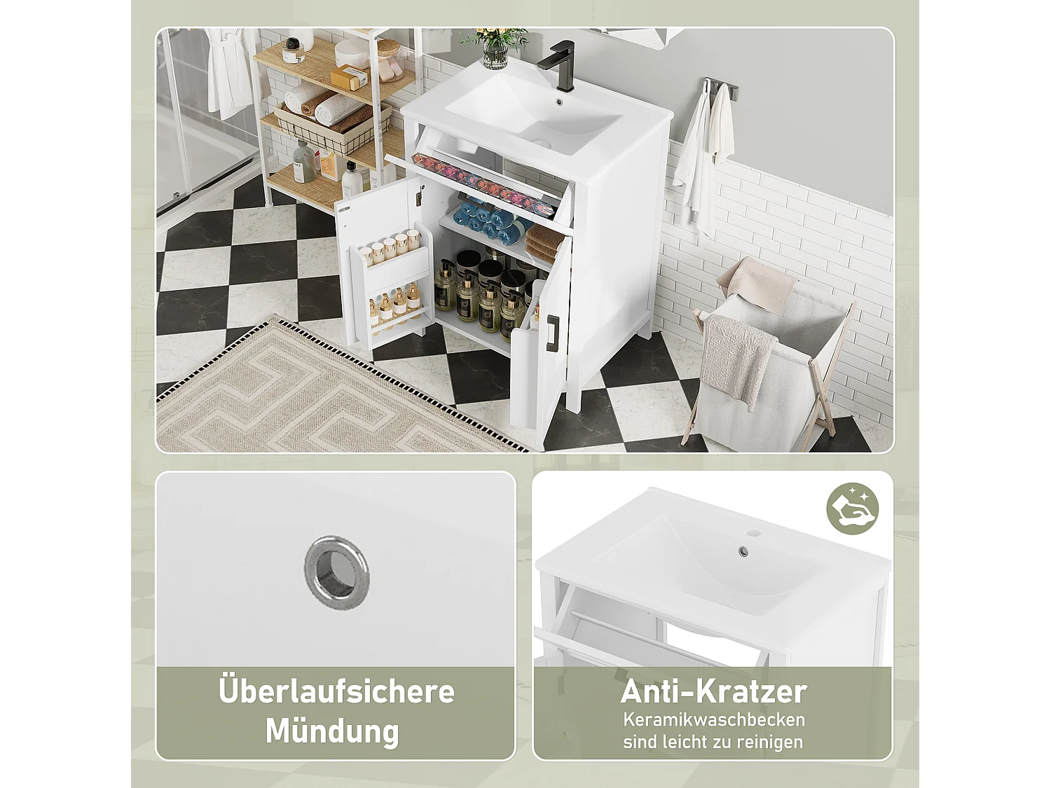 Badkamermeubel met wastafel, deur met planken, modern design, MDF, wit (60x46x84,8 cm)