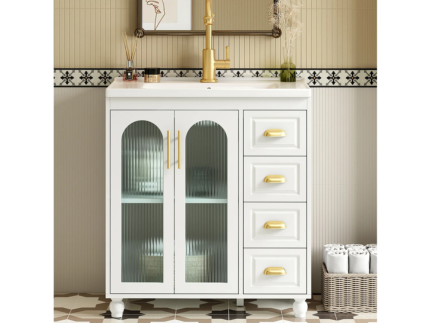 Badkamermeubel met keramische wastafel, 2 deuren, 3 laden, MDF, wit (80x47x90 cm)