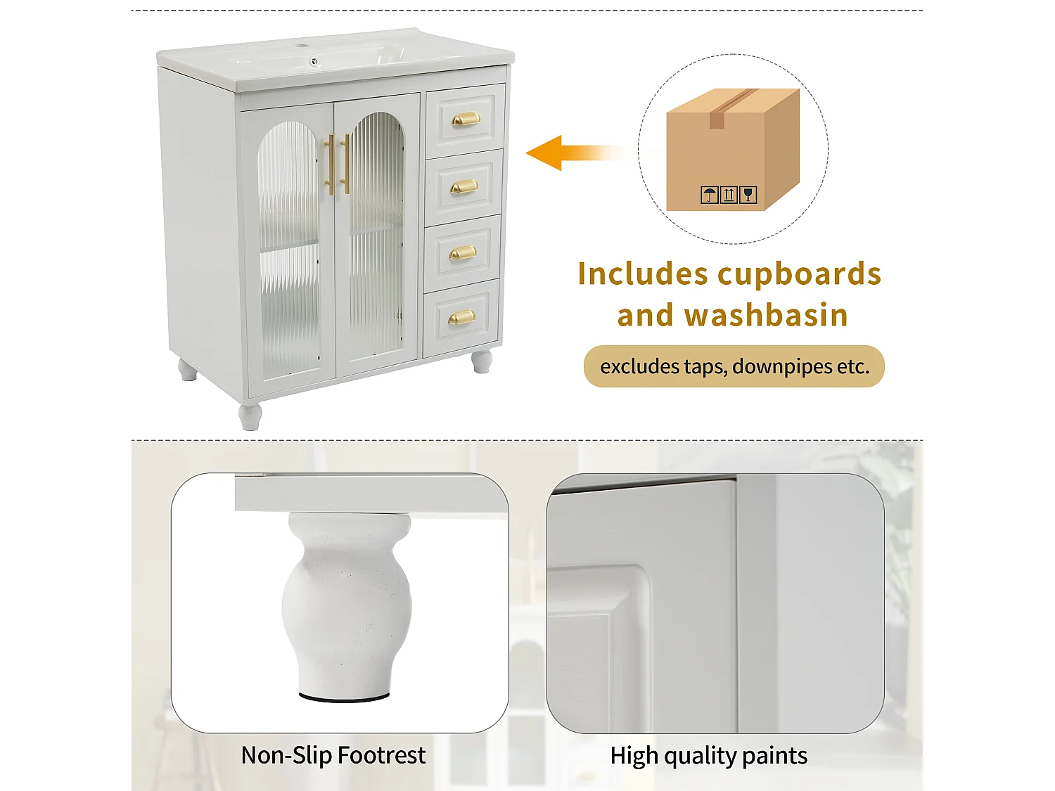 Badkamermeubel met keramische wastafel, 2 deuren, 3 laden, MDF, wit (80x47x90 cm)