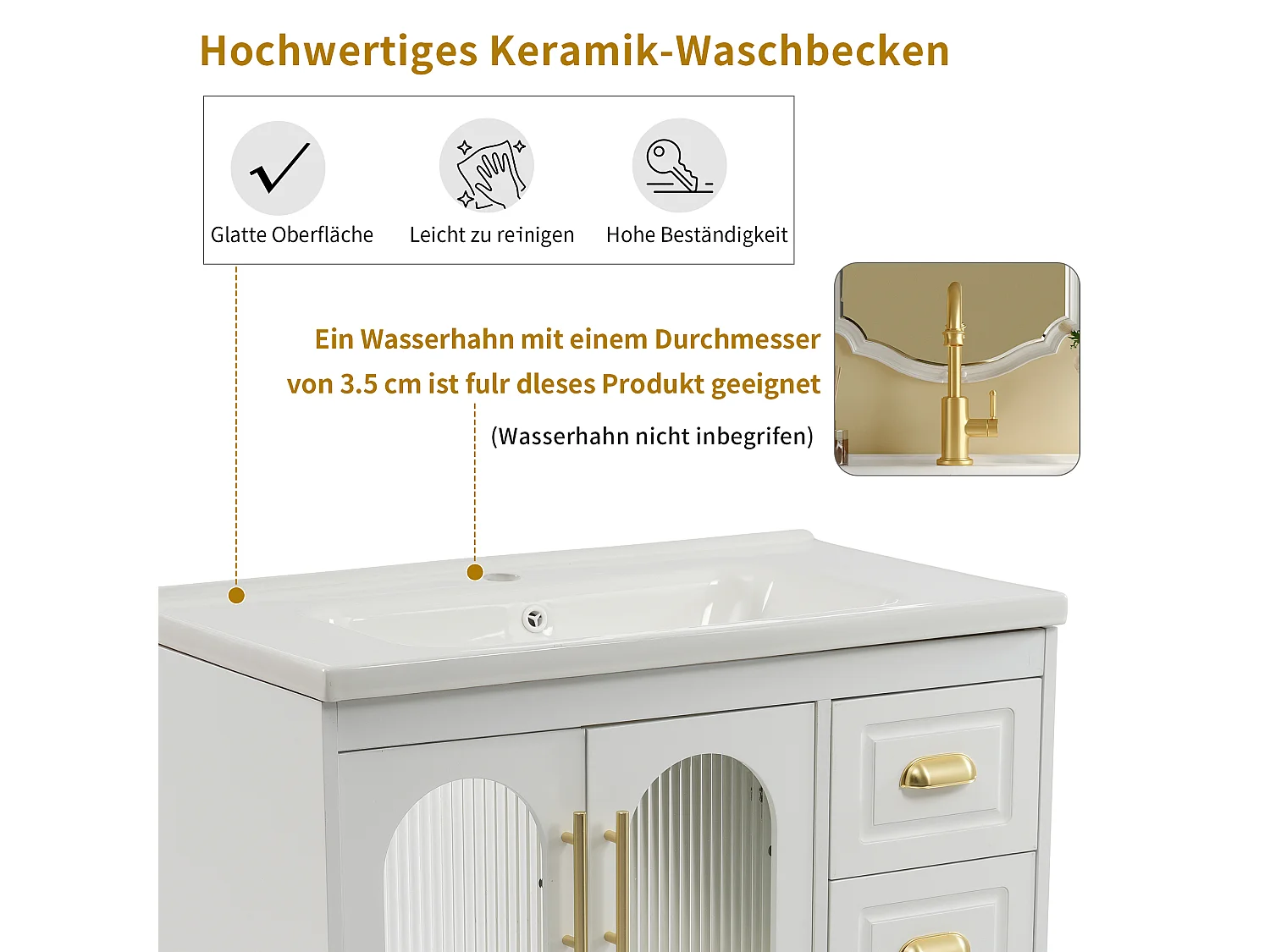 Badkamermeubel met keramische wastafel, 2 deuren, 3 laden, MDF, wit (80x47x90 cm)