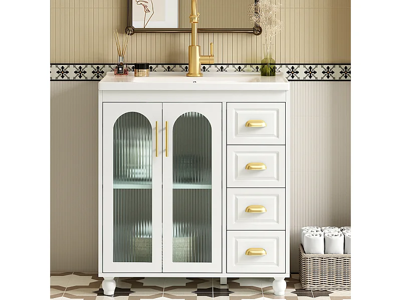 Badkamermeubel met keramische wastafel, 2 deuren, 3 laden, MDF, wit (80x47x90 cm)