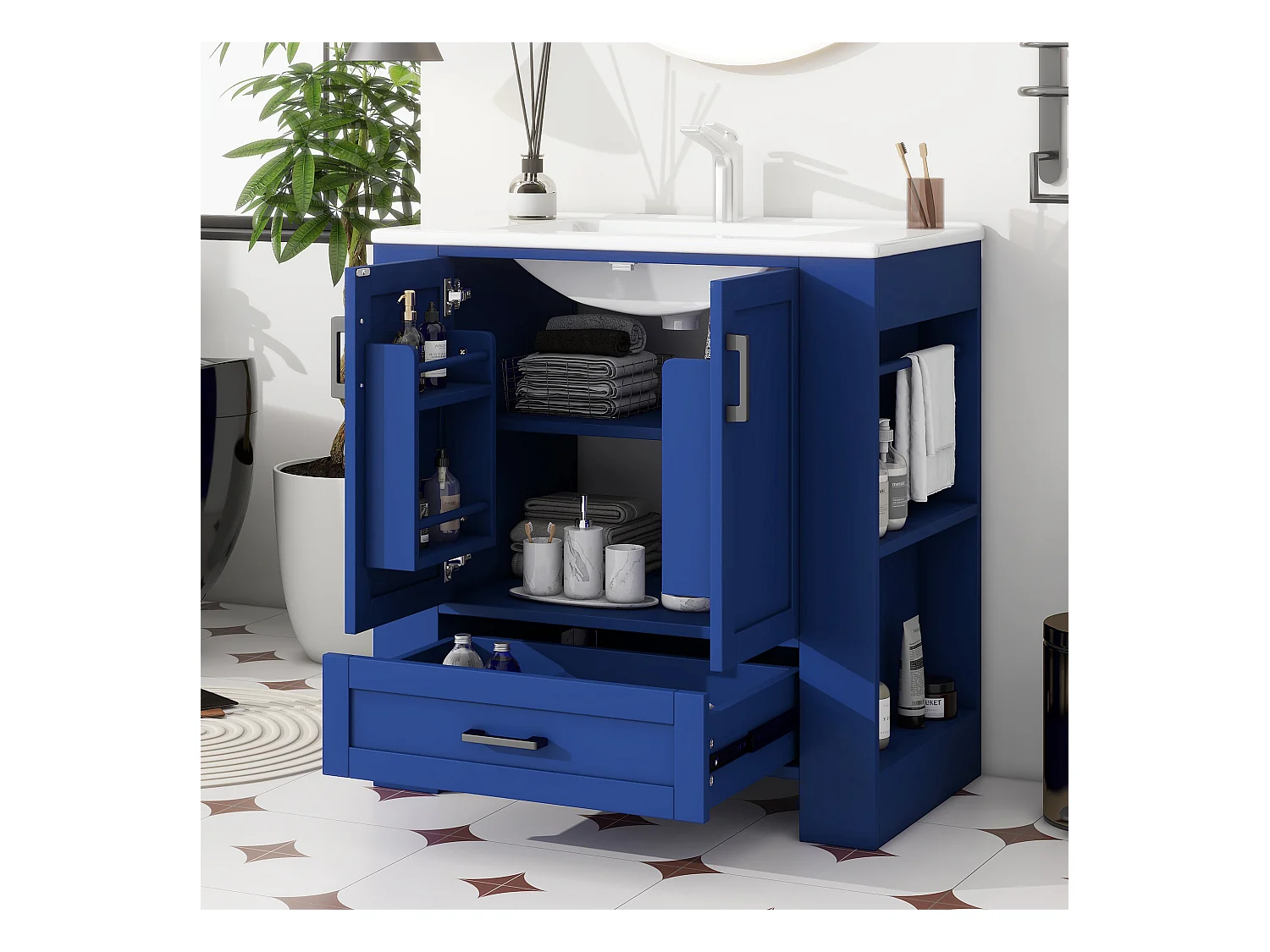 Meuble de Salle de Bain avec Lavabo Intégré, Design Moderne, MDF, Bleu, avec 2 Portes, 1 Tiroir, et Étagères Réglables (76x46x78.5 cm)