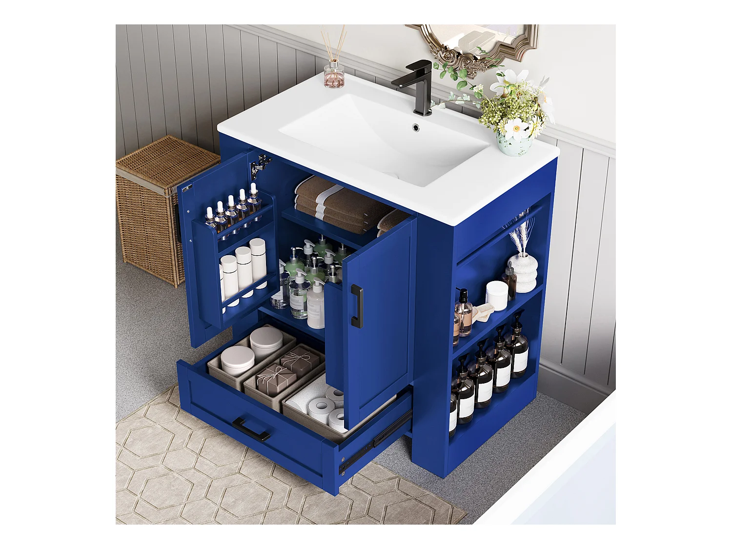 Meuble de Salle de Bain avec Lavabo Intégré, Design Moderne, MDF, Bleu, avec 2 Portes, 1 Tiroir, et Étagères Réglables (76x46x78.5 cm)