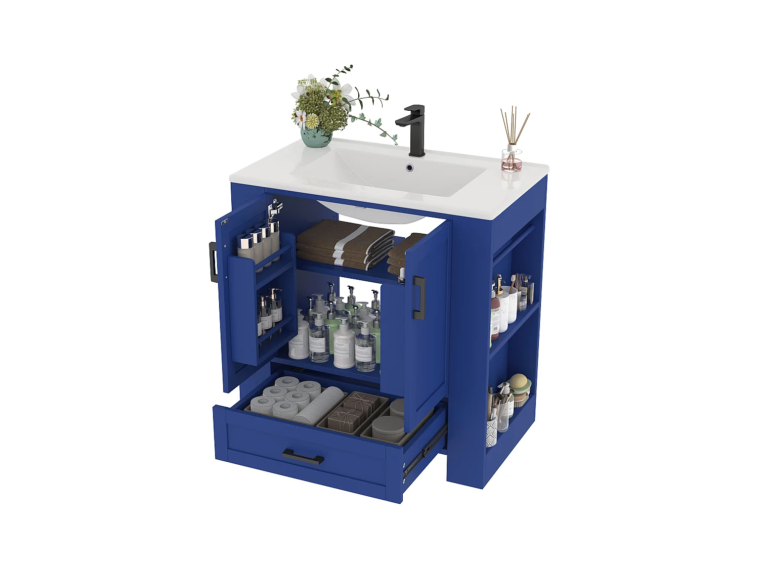 Meuble de Salle de Bain avec Lavabo Intégré, Design Moderne, MDF, Bleu, avec 2 Portes, 1 Tiroir, et Étagères Réglables (76x46x78.5 cm)
