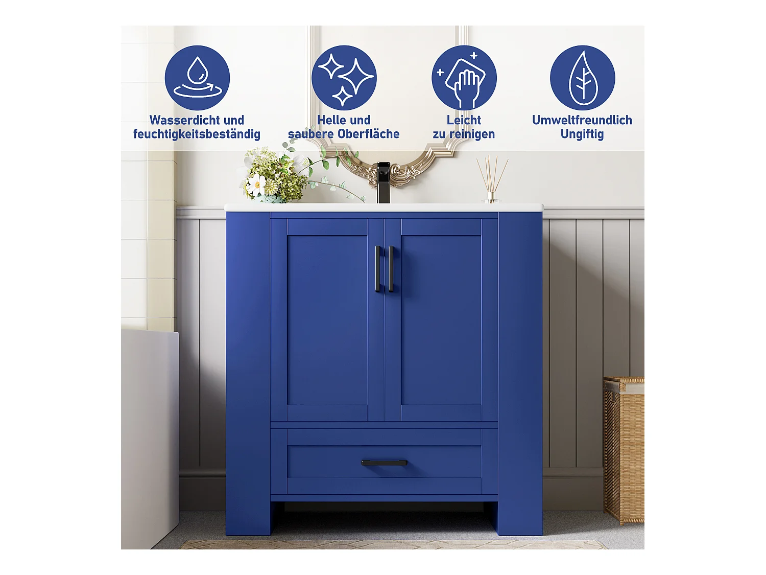 Meuble de Salle de Bain avec Lavabo Intégré, Design Moderne, MDF, Bleu, avec 2 Portes, 1 Tiroir, et Étagères Réglables (76x46x78.5 cm)