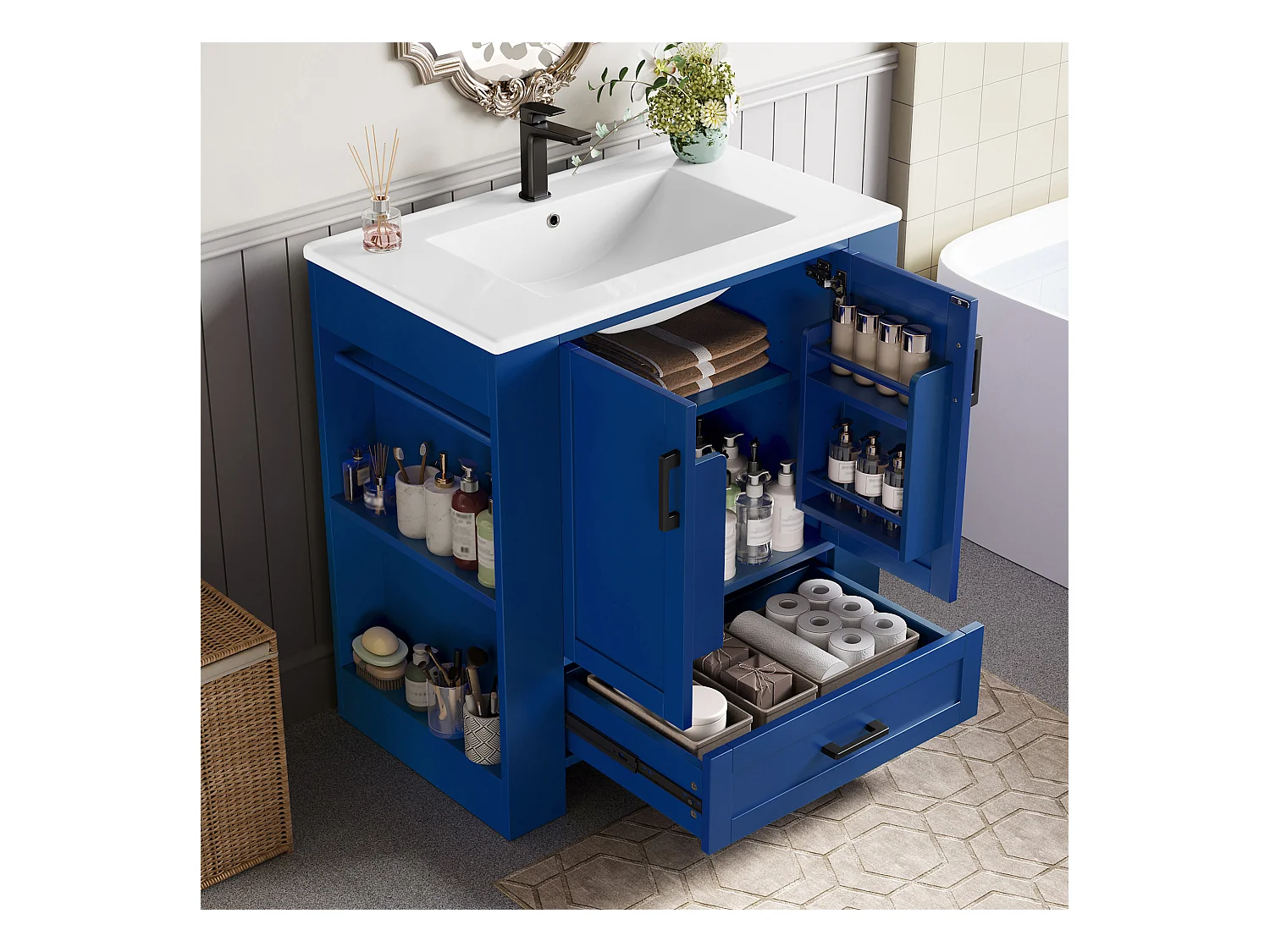 Mobiletto da bagno con lavabo integrato, design moderno, MDF, blu, con 2 ante, 1 cassetto e ripiani regolabili (76x46x78,5 cm)
