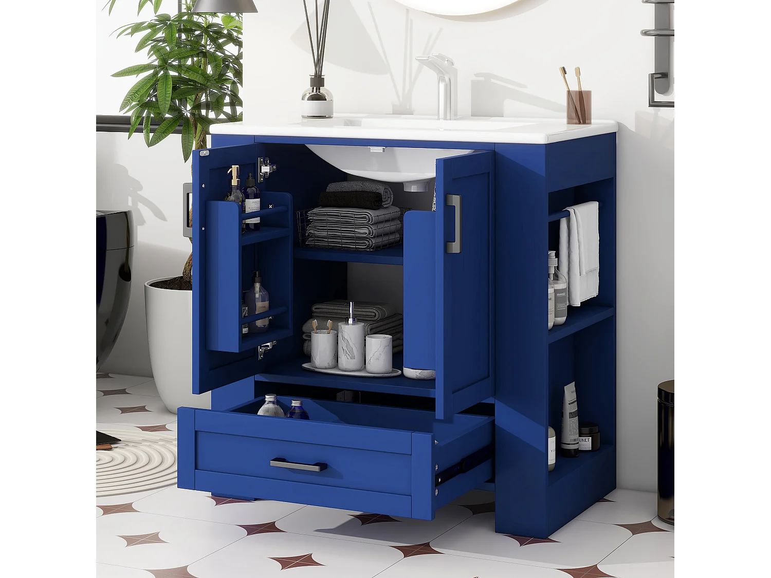 Meuble de Salle de Bain avec Lavabo Intégré, Design Moderne, MDF, Bleu, avec 2 Portes, 1 Tiroir, et Étagères Réglables (76x46x78.5 cm)