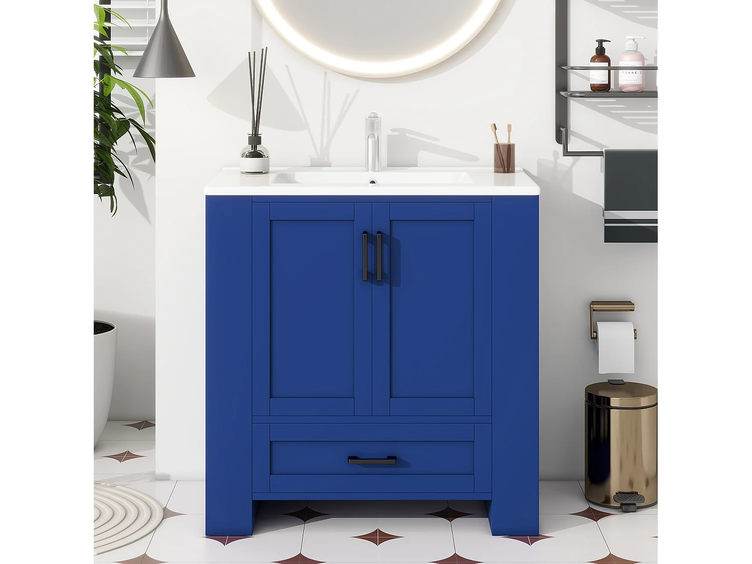 Meuble de Salle de Bain avec Lavabo Intégré, Design Moderne, MDF, Bleu, avec 2 Portes, 1 Tiroir, et Étagères Réglables (76x46x78.5 cm)
