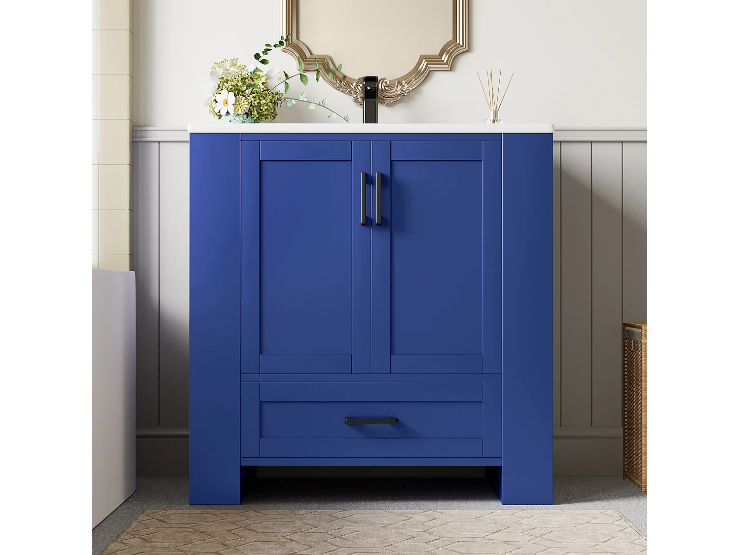 Meuble de Salle de Bain avec Lavabo Intégré, Design Moderne, MDF, Bleu, avec 2 Portes, 1 Tiroir, et Étagères Réglables (76x46x78.5 cm)