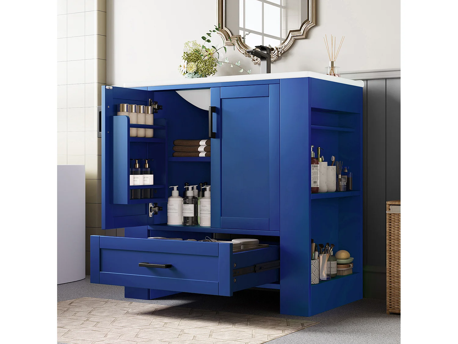 Meuble de Salle de Bain avec Lavabo Intégré, Design Moderne, MDF, Bleu, avec 2 Portes, 1 Tiroir, et Étagères Réglables (76x46x78.5 cm)