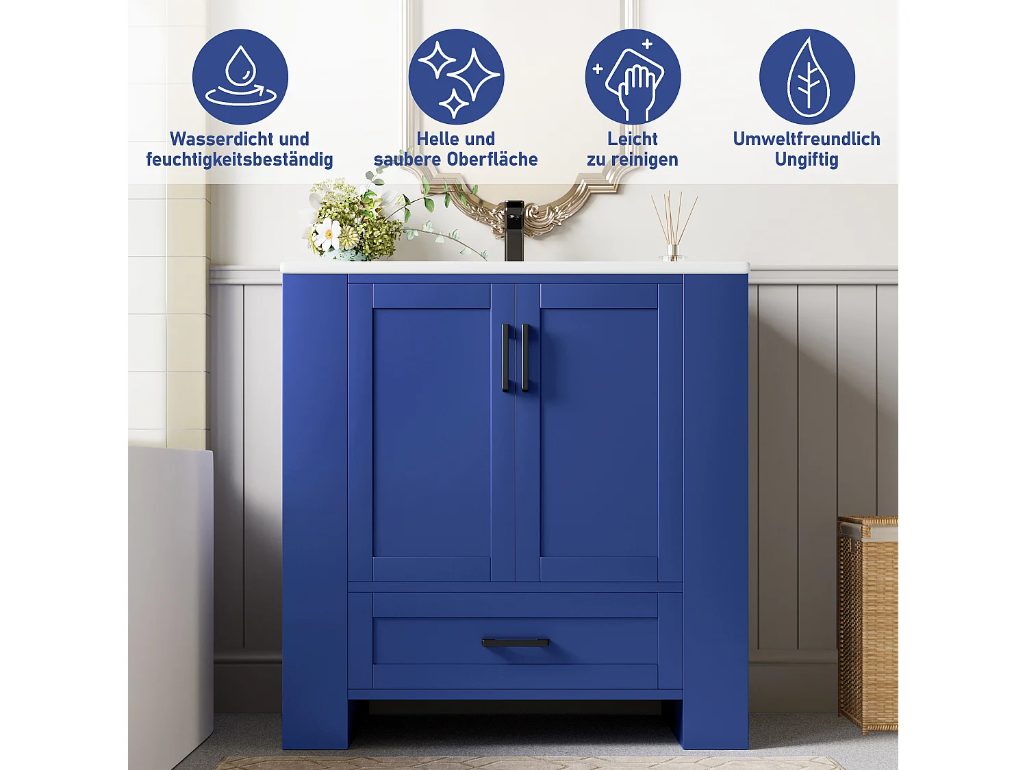 Meuble de Salle de Bain avec Lavabo Intégré, Design Moderne, MDF, Bleu, avec 2 Portes, 1 Tiroir, et Étagères Réglables (76x46x78.5 cm)