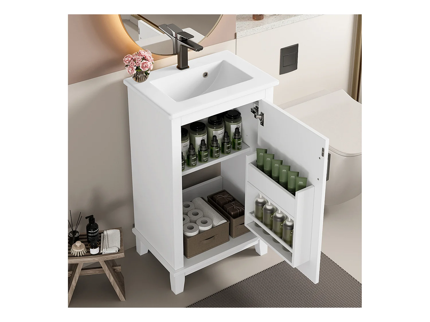 Meuble de salle de bain sur pied, lavabo intégré, design moderne, MDF, blanc (51x34x83 cm)