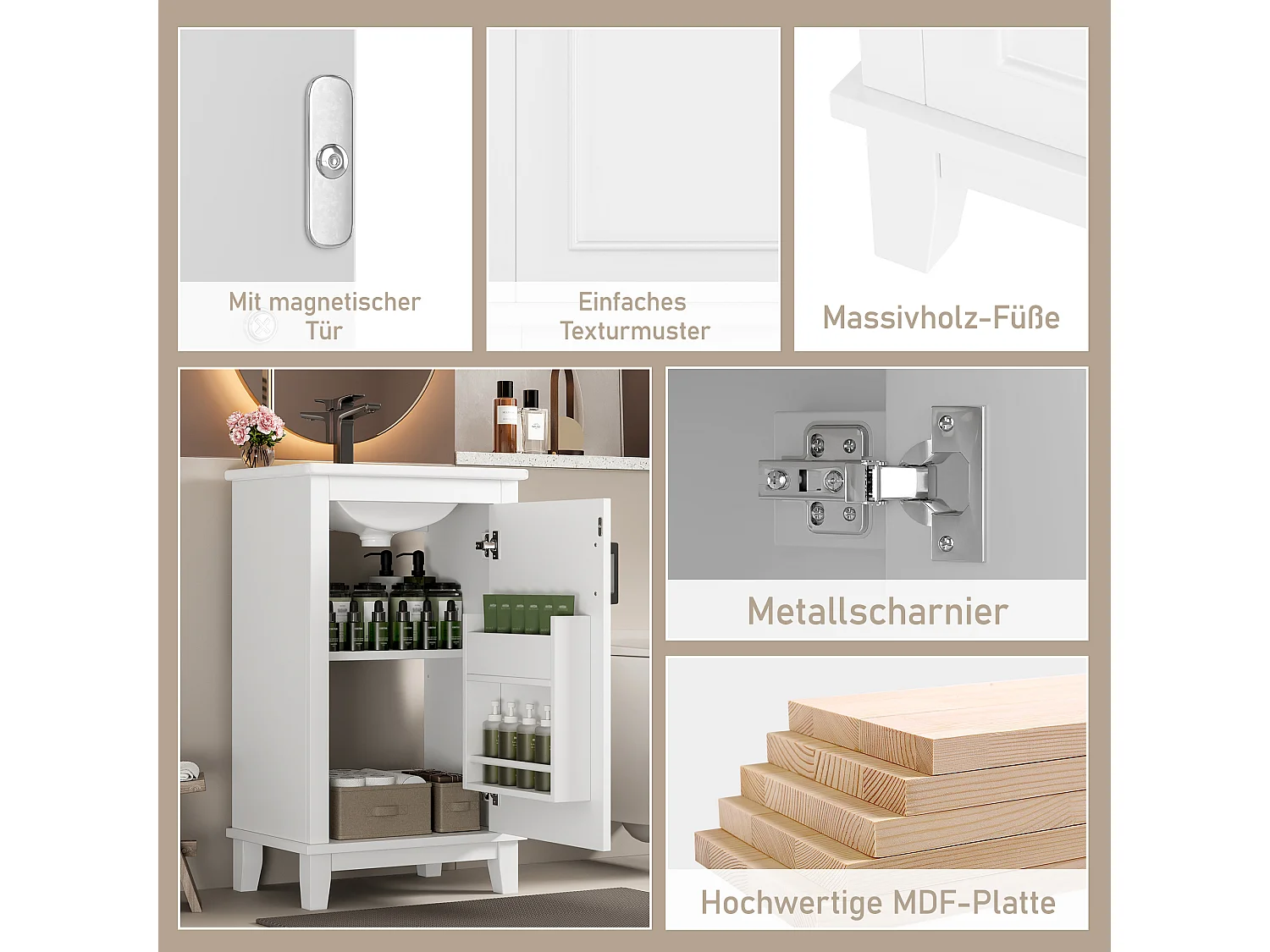 Meuble de salle de bain sur pied, lavabo intégré, design moderne, MDF, blanc (51x34x83 cm)