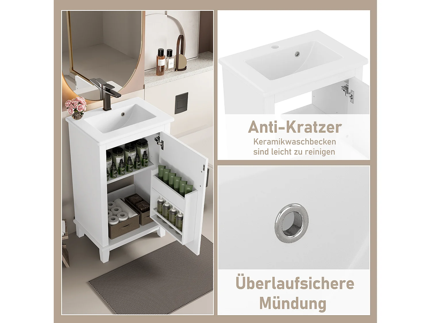 Meuble de salle de bain sur pied, lavabo intégré, design moderne, MDF, blanc (51x34x83 cm)