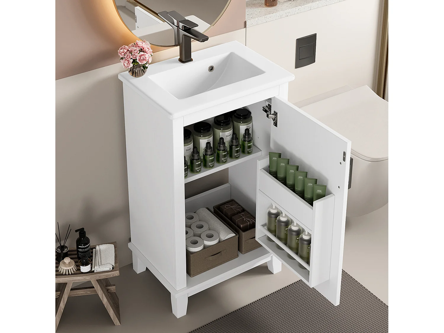 Meuble de salle de bain sur pied, lavabo intégré, design moderne, MDF, blanc (51x34x83 cm)