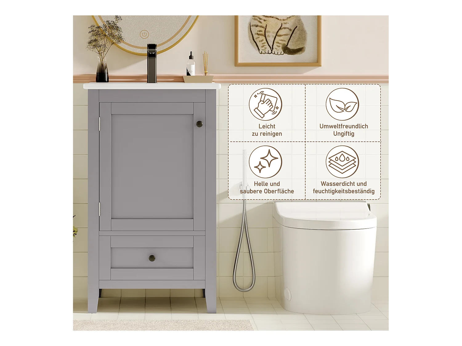 Meuble de salle de bain sur pied avec lavabo, portes à étagères, 1 tiroir silencieux, MDF, céramique, gris (51x46x85 cm)