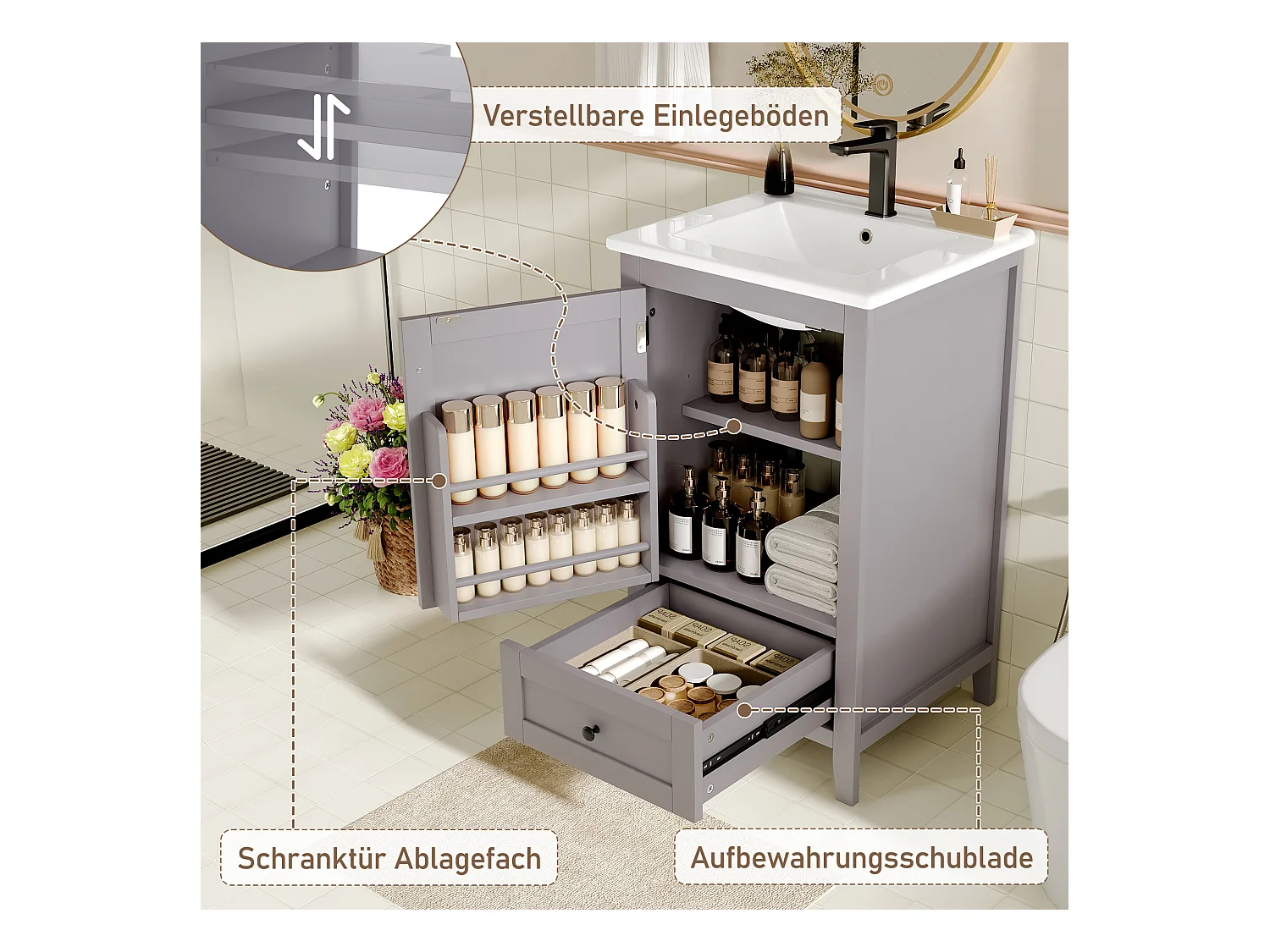 Meuble de salle de bain sur pied avec lavabo, portes à étagères, 1 tiroir silencieux, MDF, céramique, gris (51x46x85 cm)