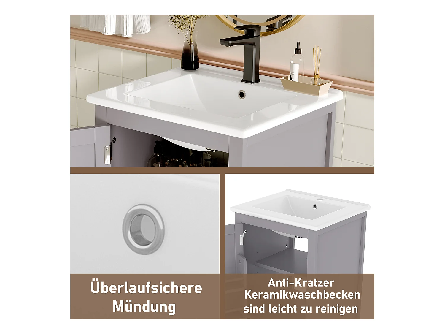 Meuble de salle de bain sur pied avec lavabo, portes à étagères, 1 tiroir silencieux, MDF, céramique, gris (51x46x85 cm)